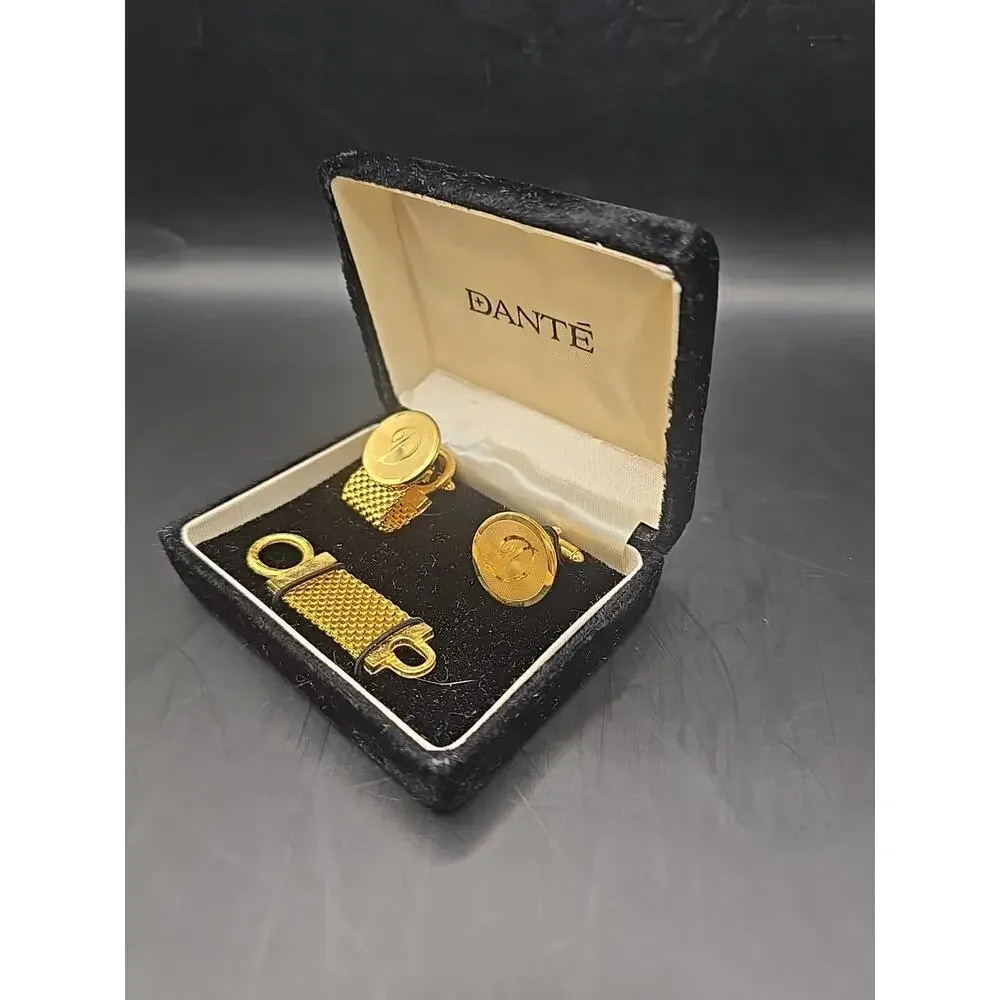 Mens Dante Gold Tone Cufflink Tie Tack Set 
